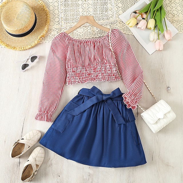  2 Pieces Kids Girls' Solid Color Lace up Dress Suits Set Long Sleeve Fashion School 7-13 Years Fall Pink