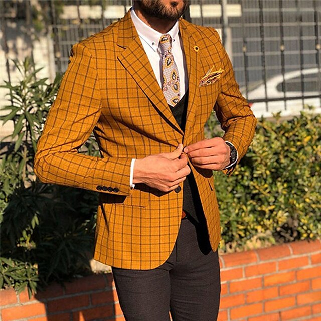  Men's Suits Blazer Formal Evening Wedding Party Birthday Party Spring &  Fall Fashion Casual Plaid / Check Geometry Polyester Casual / Daily Pocket Single Breasted Blazer Orange