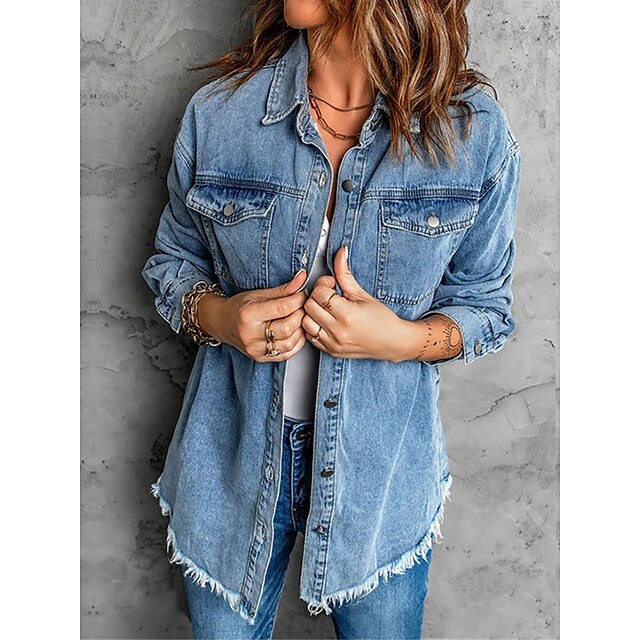  Women's Denim Jacket Fall Winter Street Daily Wear Vacation Regular Coat Windproof Regular Fit Comtemporary Stylish Casual Daily Jacket Long Sleeve Tassel Fringe with Pockets Pure Color Blue