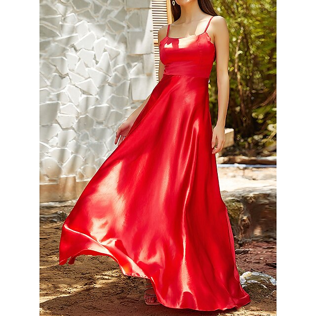  Women's Long Dress Maxi Dress Prom Dress Party Dress Satin Dress Red Pure Color Sleeveless Spring Fall Winter Backless Fashion Spaghetti Strap Birthday Evening Party Wedding Guest 2023 S M L XL