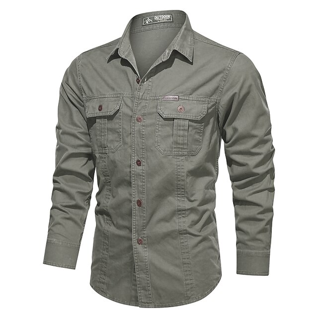  Men's Shirt Button Up Shirt Summer Shirt Work Shirt Cargo Shirt Black Army Green Khaki Beige Long Sleeve Plain Solid Colored Collar Button Down Collar Daily Clothing Apparel 100% Cotton Basic