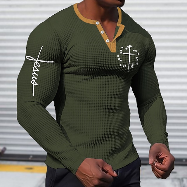  Men's Graphic Cross Jesus Henley Shirt Waffle T Shirt Long Sleeve 3D Print Designer Simple Casual Sports Outdoor Holiday Festival Spring &  Fall Black White Brown Green Henley Henley T-Shirt