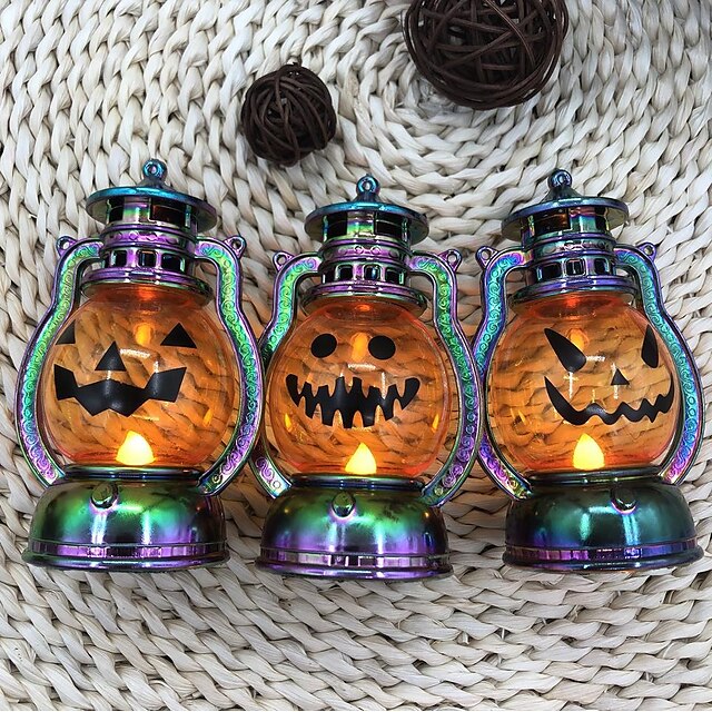  halloween dekorationer græskar lampe retro lille olie lampe led elektronisk stearinlys bærbar græskar lampe galvanisering magisk farve storm lanterne