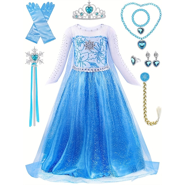  Frozen Cuento de Hadas Princesa Elsa Vestido de niña de las flores Disfraz de fiesta temática Vestidos de tul Chica Cosplay de película Cosplay Víspera de Todos los Santos Azul 1 Azul Víspera de