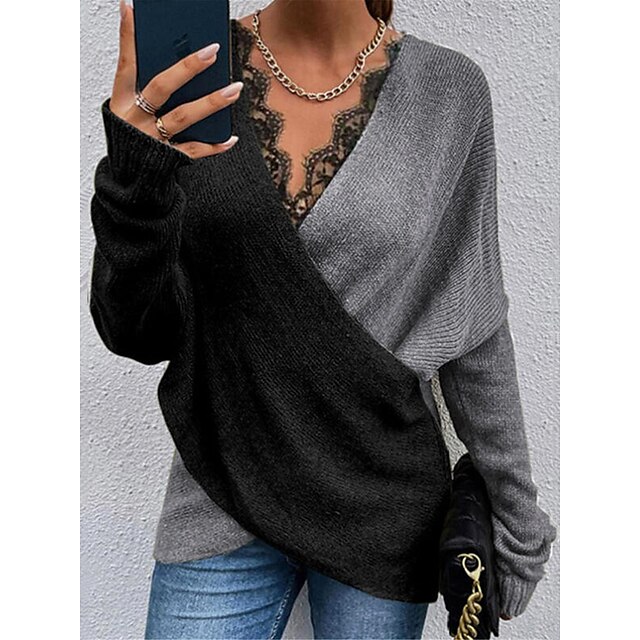  Women's Pullover Sweater Jumper Jumper Ribbed Knit Patchwork Criss Cross Regular V Neck Solid Color Daily Going out Stylish Casual Fall Winter White Khaki S M L