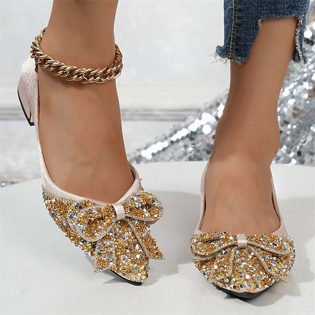  Wedding Shoes for Bride Bridesmaid Women Closed Toe Pointed Toe Beige Blue Black PU Flats with Glitter Sequin Bowknot Flat Heel Wedding Party Valentine's Day Bling Bling Shoes Luxurious Fashion