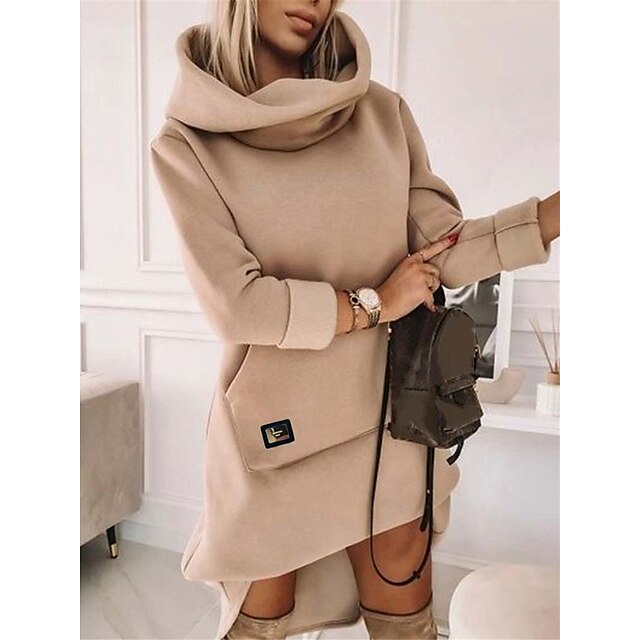  Women's Casual Dress Hoodie Dress Winter Dress Pocket Plus High Low Midi Dress Fashion Basic Daily Date Going out Long Sleeve Cowl Neck Loose Fit 2023 Khaki Color S M L XL Size