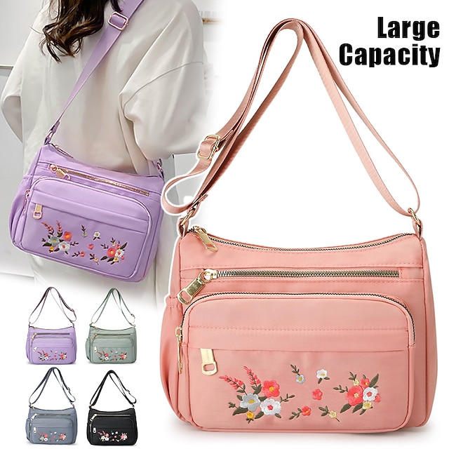  Women's Crossbody Bag Shoulder Bag Hobo Bag Nylon Outdoor Daily Holiday Embroidery Zipper Large Capacity Waterproof Lightweight Solid Color Flower Black Pink Purple