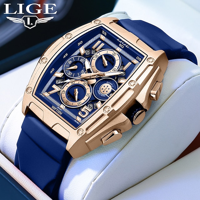  LIGE Men Quartz Watch Luxury Large Dial Business Wristwatch Luminous Calendar Chronograph Waterproof Silicone Watch
