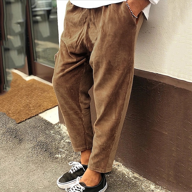  Men's Corduroy Pants Winter Pants Trousers Cropped Pants Casual Pants Drawstring Elastic Waist Straight Leg Solid Color Comfort Warm Casual Daily Streetwear Sports Fashion Loose Fit Black Blue
