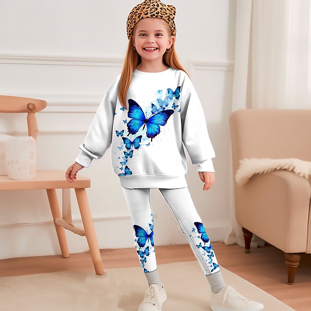  Girls' 3D Butterfly Sweatshirt & legging Set Long Sleeve 3D Print Fall Winter Active Fashion Daily Polyester Kids 3-12 Years Crew Neck Outdoor Date Vacation Regular Fit
