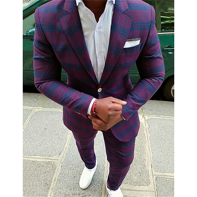  Men's Set Suits Blazer 2 Piece Business Cocktail Party Wedding Party Spring &  Fall Fashion Casual Plaid / Check Polyester Casual / Daily Pocket Single Breasted Blazer Purple