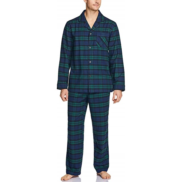  Herr Vardagsklädsel Sovkläder Pyjamas set Pyjamastopp och byxa 2 delar Rutig Stylish Ledigt Komfort Hem Dagligen Bomull Komfort Kavajslag Långärmad Skjorta Byxa Snörning Elastisk midja Vår Höst Gul