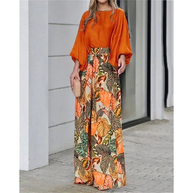  Women's Shirt Pants Sets Floral Print Casual Daily Fashion Puff Sleeve Long Sleeve Round Neck Blue Spring &  Fall