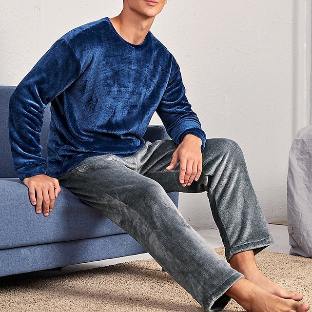  Férfi Lounge-ruházat Pizsamák Pizsama Pizsama felső és nadrág 2 darab Sima Stílusos Alkalmi Kényelmes Otthon Napi Flanel Mokaszinok Terített nyak Hosszú ujj Pullover Nadrág Rugalmas derék Nyár Tavasz