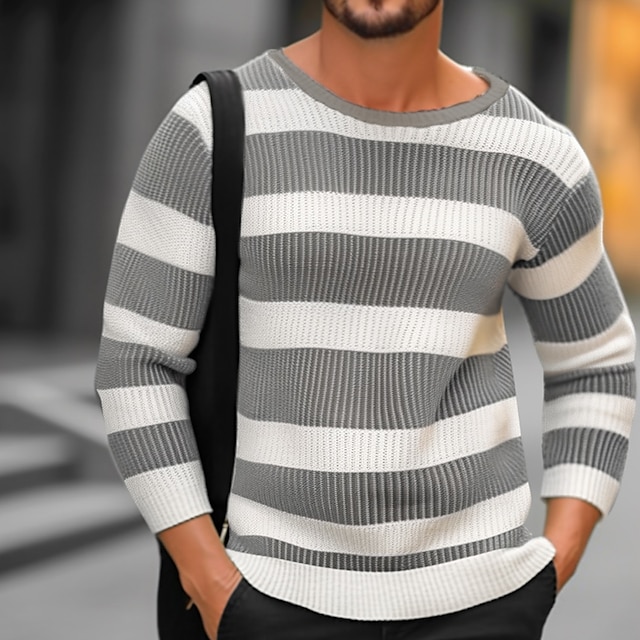  Men's Pullover Sweater Jumper Ribbed Knit Knitted Regular Crew Neck Striped Work Daily Wear Modern Contemporary Clothing Apparel Winter Black Red S M L