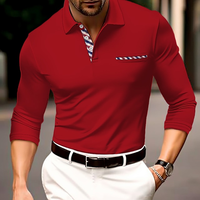  Men's Button Up Polos Polo Shirt Casual Sports Lapel Long Sleeve Fashion Basic Color Block Button Front Pocket Spring &  Fall Regular Fit Black Red Blue Button Up Polos