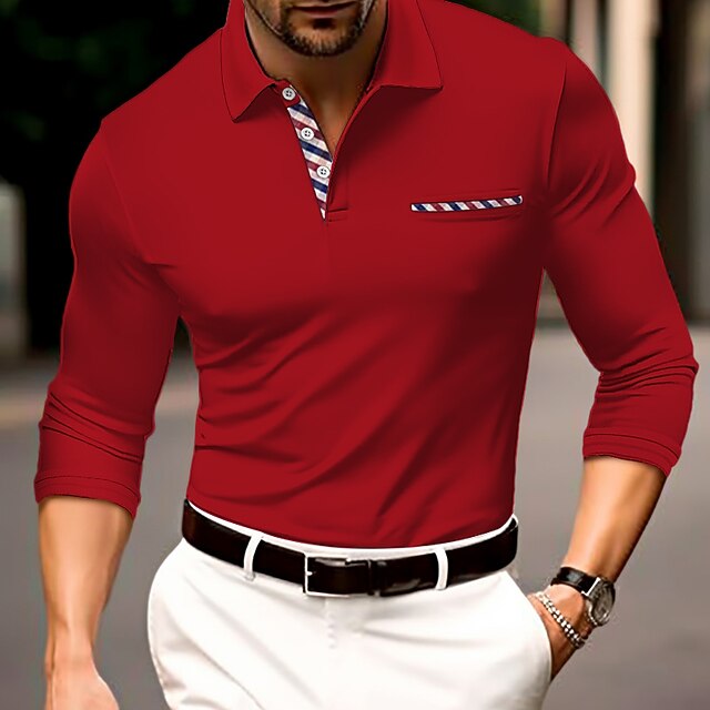 Men's Button Up Polos Polo Shirt Casual Sports Lapel Long Sleeve Fashion Basic Color Block Button Front Pocket Spring &  Fall Regular Fit Black Red Blue Button Up Polos4