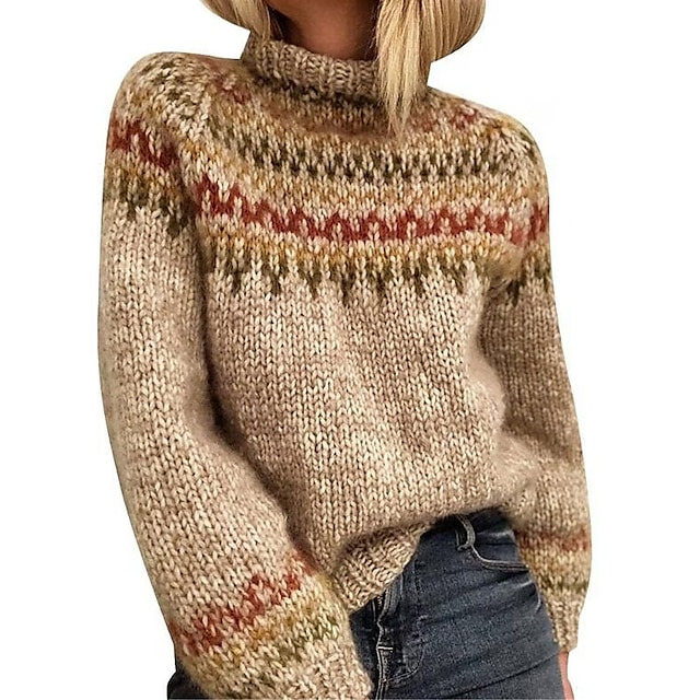  Women's Pullover Sweater Jumper Jumper Ribbed Knit Patchwork Regular Turtleneck Geometric Daily Going out Stylish Casual Fall Winter Khaki S M L