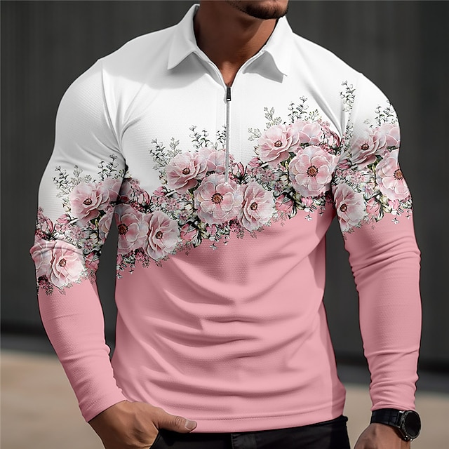  Floral Casual 3D Print Men's Outdoor Casual Daily Streetwear Zip Polo Golf Polo Long Sleeve Turndown Zip Polo Shirts Pink Blue Green Fall & Winter S M L Lapel Polo