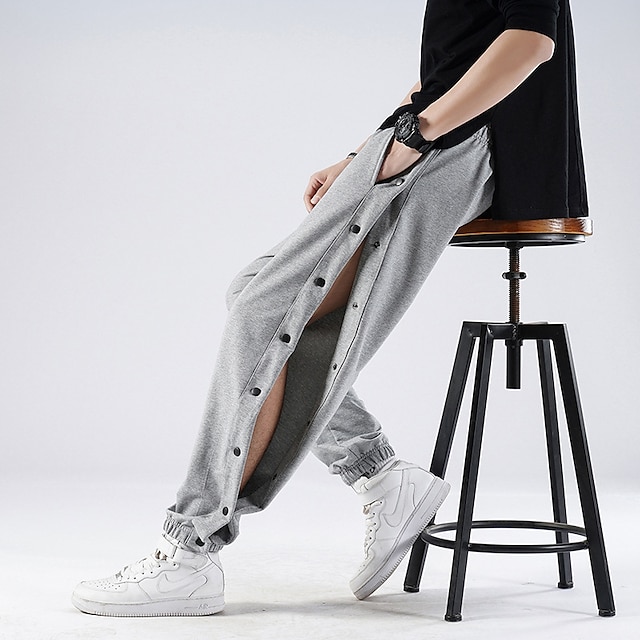  Calça de basquete masculina rasgada calça de moletom calça jogger alta divisão botão de pressão cintura elástica cor sólida esportes ao ar livre streetwear casual cinza ma37 preto ma37