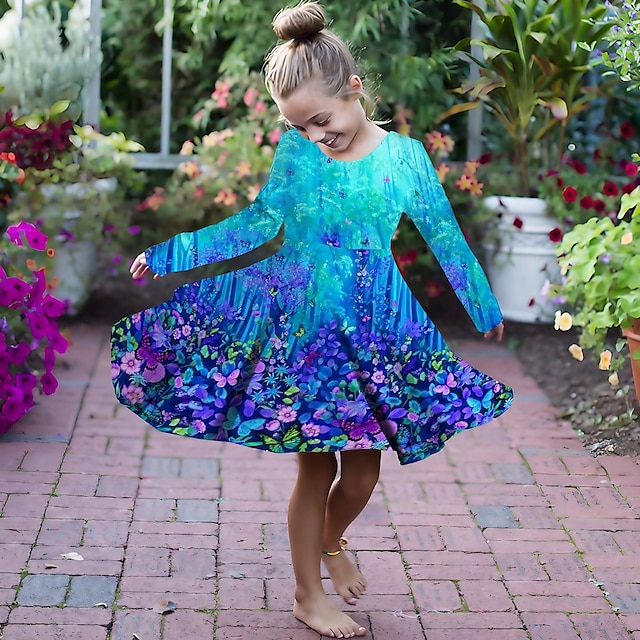  Girls' 3D Floral Dress Long Sleeve 3D Print Fall Winter Sports & Outdoor Daily Holiday Cute Casual Beautiful Kids 3-12 Years Casual Dress A Line Dress Above Knee Polyester Regular Fit