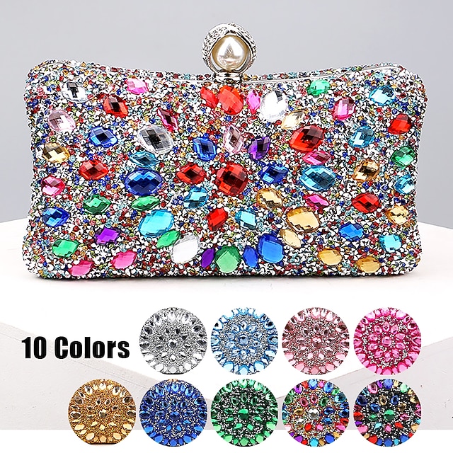  Women's Clutch Evening Bag Wristlet Clutch Bags Polyester Party Daily Bridal Shower Rhinestone Pearls Chain Large Capacity Lightweight Durable Solid Color Color Block Silver Light Blue Silver color