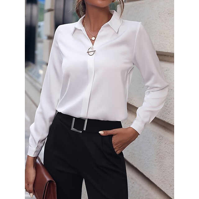  Shirt Blouse Women's Black-1 White Red Button Solid Color Daily Shirt Collar Daily Regular Fit M / M