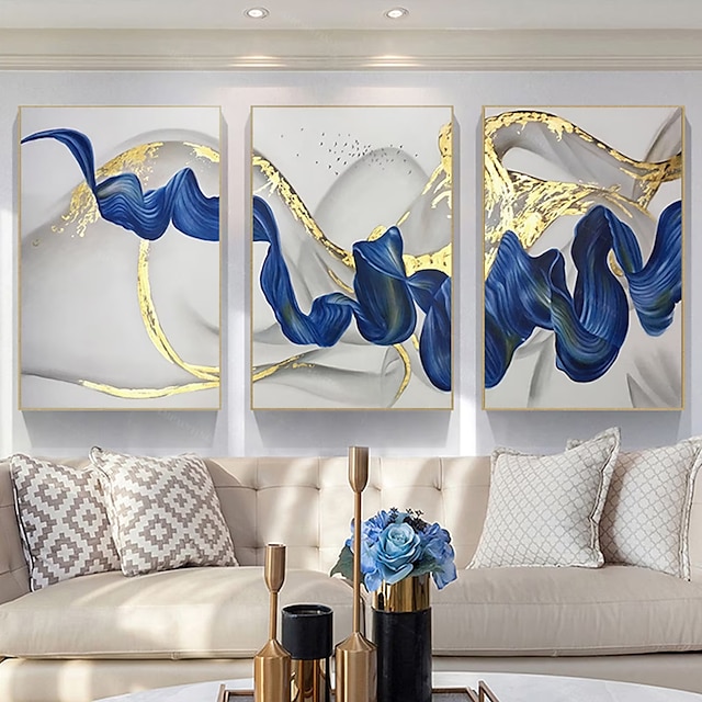  抽象的な壁アート キャンバス絵画モダンな黄金と青の色の手作りの絵リビング ルーム オフィスの装飾 (フレームなし)