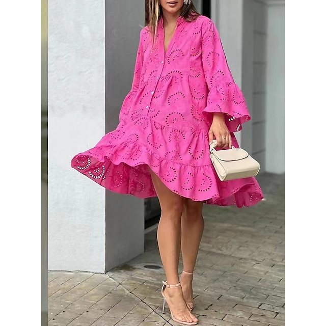  Women's Mini Dress Shirt Dress Casual Dress Cotton Outdoor Daily Date V Neck Basic Classic Long Sleeve Button 2023 Spring Fall Winter Loose Fit Yellow Pink Red Pure Color S M L XL 2XL