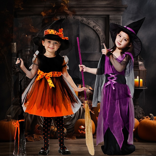  2 Piese Copii Fete Halloween Animal Plasă Costume de rochie A stabilit Manșon scurt Modă Performanță Bumbac 7-13 ani Toamnă Băţ Secțiunea B Purple Long Witch pelerină violetă