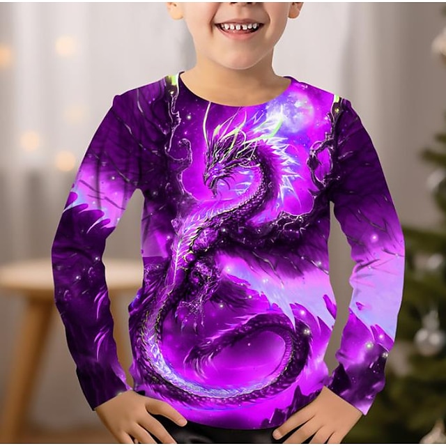  Pojkar 3D Grafisk Djur Drake T-shirt Långärmad 3D-tryck Höst Vinter Sport Mode Streetwear Polyester Barn 3-12 år Utomhus Ledigt Dagligen Normal