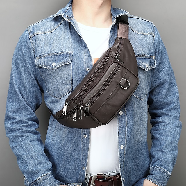  Sac de taille rétro multi-poches en cuir véritable, sac à bandoulière de sport vintage étanche, sac banane haut décontracté couche en peau de vache & sac à main pour téléphone portable