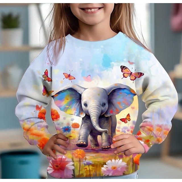  Voor meisjes 3D dier Olifant Vlinder Sweatshirt Pullover Lange mouw 3D-afdrukken Herfst Winter Modieus Streetwear Aanbiddelijk Polyester Kinderen 3-12 jaar Buiten Casual Dagelijks Normale pasvorm