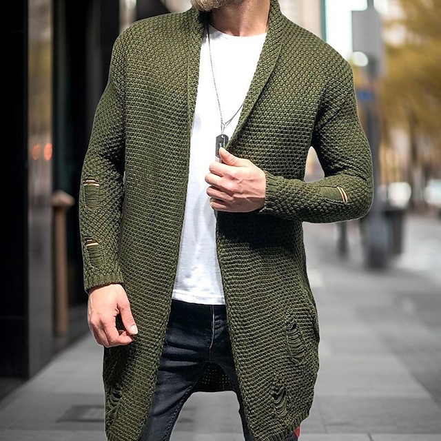  Men's Cardigan Sweater Ribbed Knit Knitted Tunic Shawl Collar Plain Daily Wear Going out Warm Ups Modern Contemporary Clothing Apparel Winter Black Dark Navy S M L