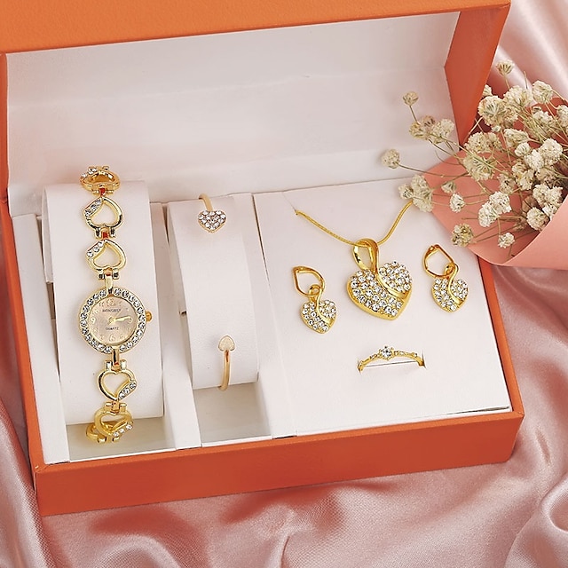  6 pièces/ensemble mode luxe montre à quartz décontractée couleur dorée et incrusté de zircone cubique montre coeur bracelet collier boucles d'oreilles ensemble cadeaux pour filles et femmes