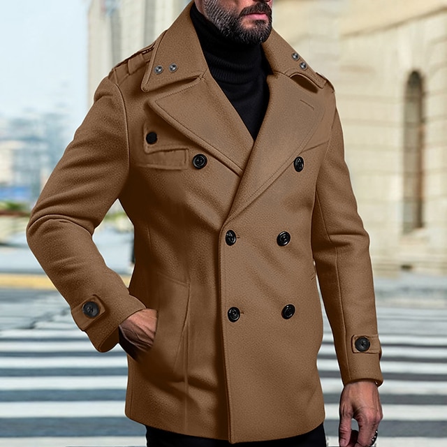  Men's Winter Coat Trench Coat Office & Career Daily Wear Polyester Winter Thermal Warm Washable Outerwear Clothing Apparel Fashion Warm Ups Pocket Plain Double Breasted Lapel