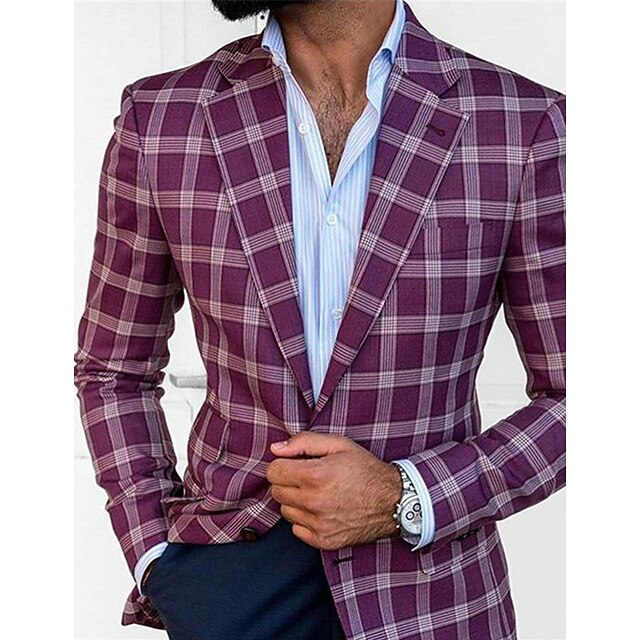  Men's Suits Blazer Business Formal Evening Wedding Party Spring &  Fall Fashion Casual Plaid / Check Geometic Polyester Casual / Daily Pocket Single Breasted Blazer Purple