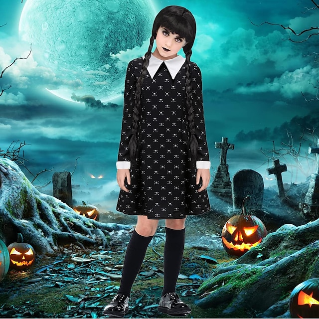  Středa Addams Addamsova rodina středa Šaty Cosplay Paruky gotický Filmové kostýmy for Dívčí Dětské Plesová maškaráda