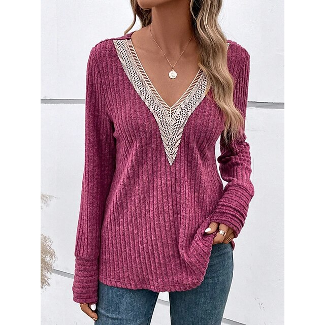  Women's Shirt Blouse Red Lace Trims Plain Casual Long Sleeve V Neck Fashion Regular Fit Spring & Summer
