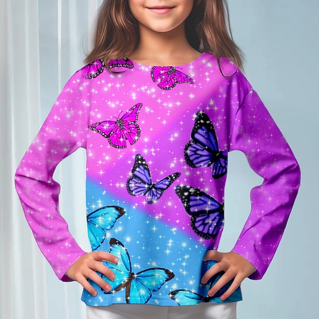  Meisjes 3D vlinder T-shirt lange mouw 3D print herfst winter actief mode schattig polyester Kinderen 3-12 jaar ronde hals buiten casual dagelijks normale pasvorm