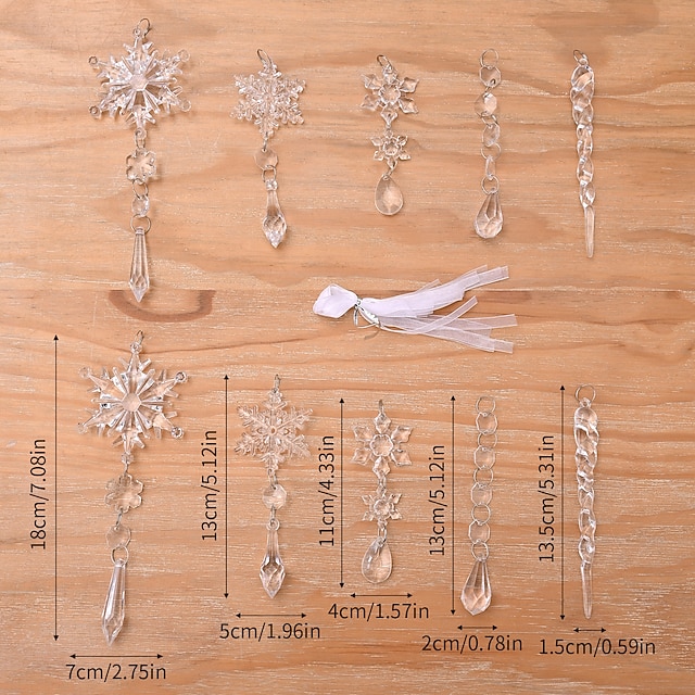  10 peças de enfeites de natal de cristal para decorações de árvores - enfeites de pingente de floco de neve de acrílico pendurados com pingentes de gota para decorações de cristais de lustre do país das maravilhas do inverno suprimentos