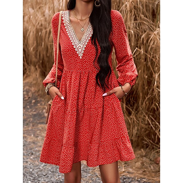  Women's Casual Dress Floral Ditsy Floral A Line Dress Floral Dress V Neck Ruffle Pocket Mini Dress Daily Holiday Fashion Modern Loose Fit Long Sleeve Black White Red Fall Winter S M L XL
