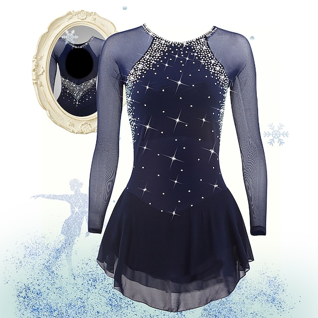  Figure Skating Dress Women's Girls' Ice Skating Dress Violet Black White Open Back Mesh Spandex High Elasticity Training Competition Skating Wear Classic Crystal / Rhinestone Long Sleeve Ice Skating