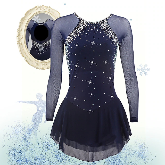 Figure Skating Dress Women's Girls' Ice Skating Dress Violet Black White Open Back Mesh Spandex High Elasticity Training Competition Skating Wear Classic Crystal / Rhinestone Long Sleeve Ice Skating 37