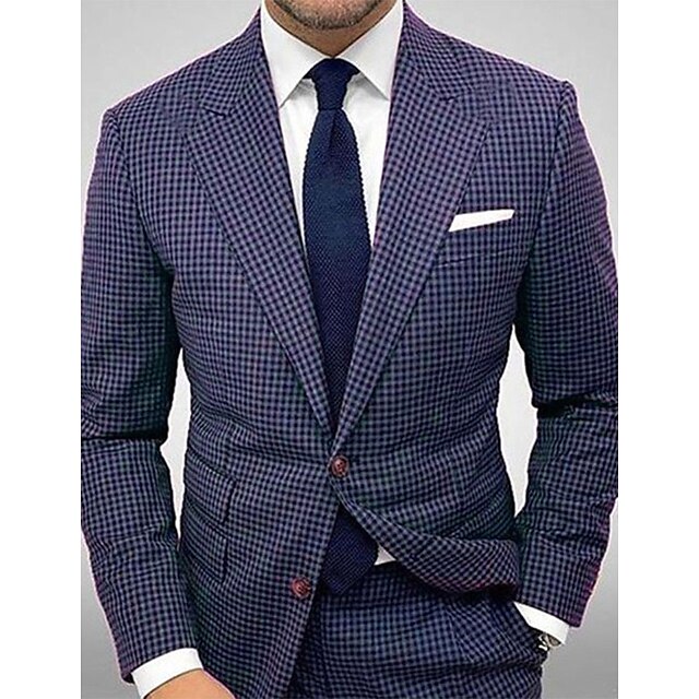  Men's Suits Blazer Business Formal Evening Wedding Party Spring &  Fall Fashion Casual Plaid / Check Geometic Polyester Casual / Daily Pocket Single Breasted Blazer Blue Purple