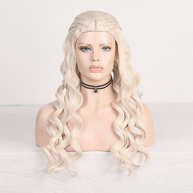 House of the Dragon Daenerys Targaryen  Wig 26 Daenerys Targaryen Similar Braiding Hair Style Wig Blonde Body Wave Synthetic Lace Front Wig with Six Plaits Pre Plucked Cosplay