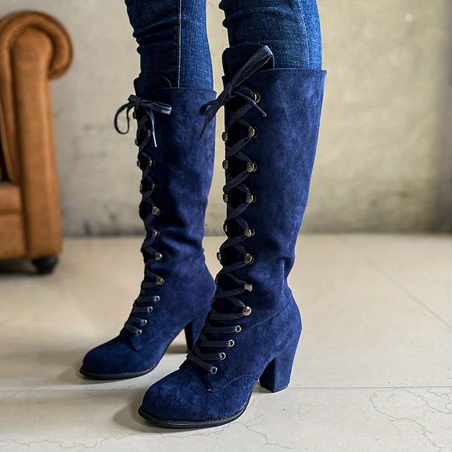 Women's Blue Knee-High Lace-Up Boots with Block Heels for Fashion and Casual Wear 19