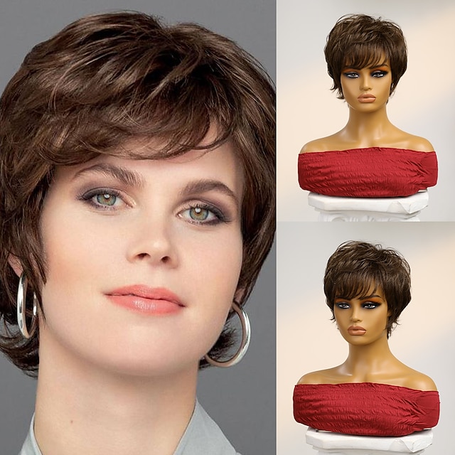  Human Hair Blend Wig Short Natural Straight Pixie Cut Side Part Layered Haircut Asymmetrical Brown Cosplay Curler & straightener Natural Hairline Capless Brazilian Hair Women's All Brown 8 inch Party