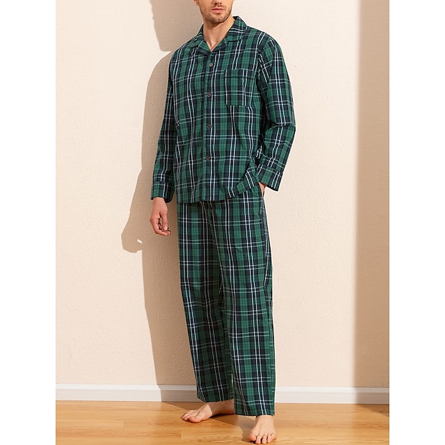  Men's Loungewear Sleepwear Pajama Set Pajama Top and Pant 2 Pieces Plaid Stylish Casual Comfort Home Daily Cotton Comfort Lapel Long Sleeve Shirt Pant Drawstring Elastic Waist Spring Fall Blue Dark